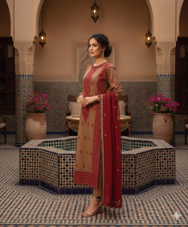 Premium Dhanak 3 Piece Embroidered Suit