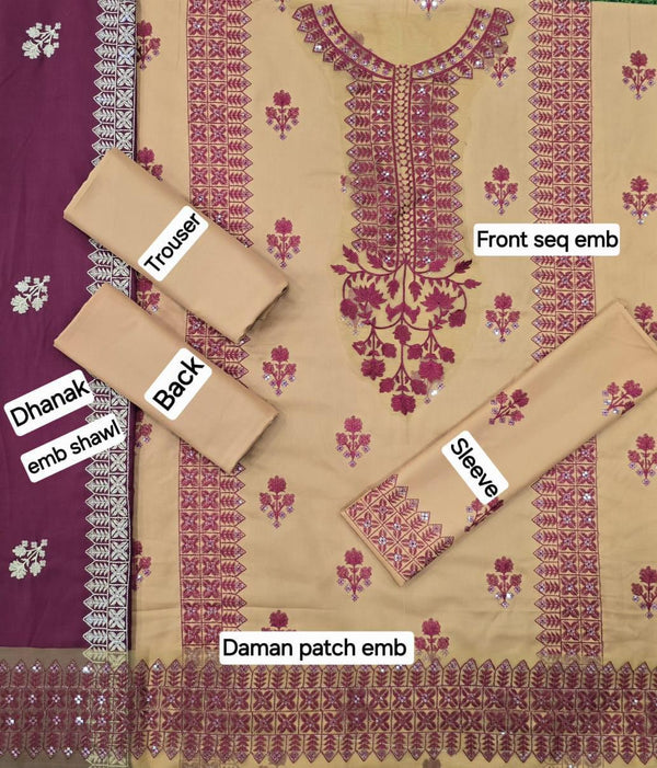 Premium Dhanak 3 Piece Embroidered Suit